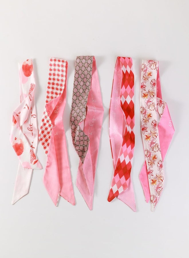 Lotsof 5Pcs Scarves for Women Purse Scarf Handbags Skinny Twill Hair Scarves Narrow Neck Scarf Band Fashion Accessories Bag Charms (Romantic pink) - Image 2